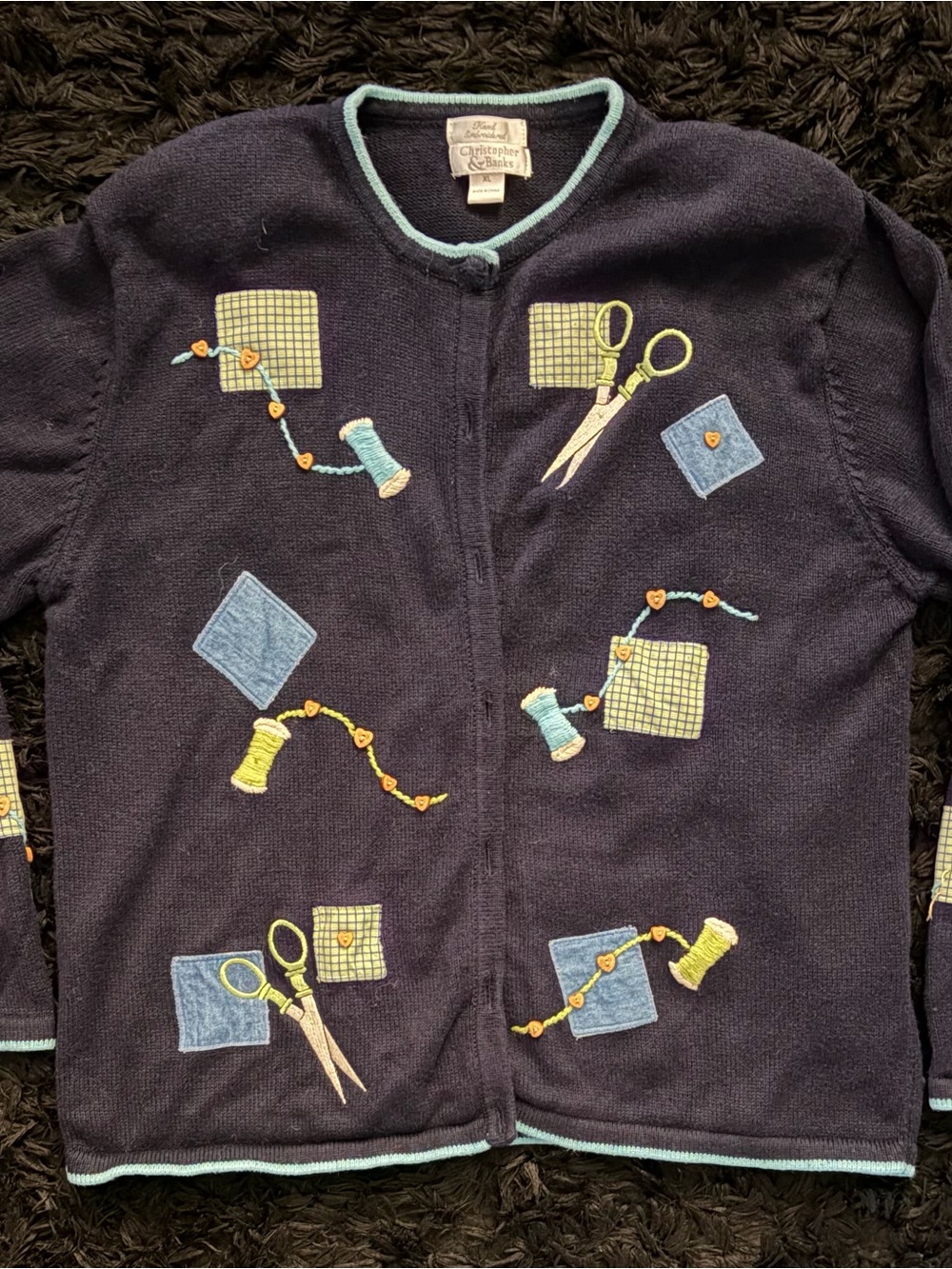 Vintage, Christopher & Banks Navy Embroidered Sewing Motif Zip-Up Sweater